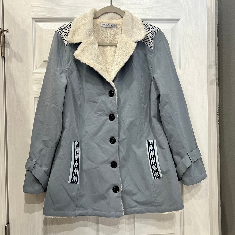 Misslook Coat Blue Cotton Polyester Faux Fur Lined Geometric Greek Key L Cozy